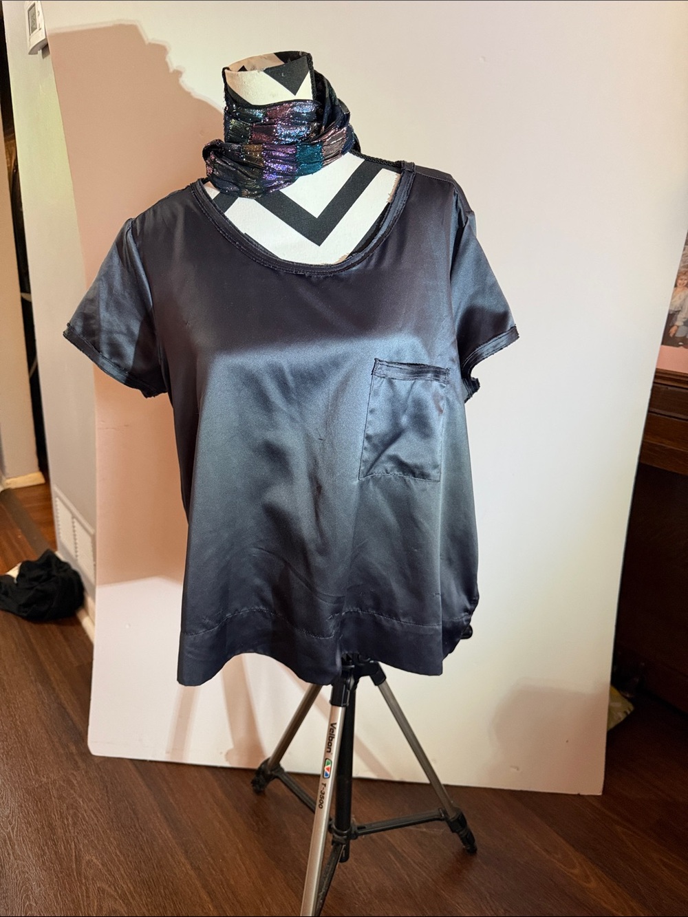 Jennifer Lopez Black Satin Short Sleeve Pocket Top - Women